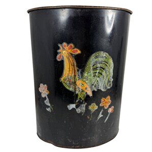 Vintage Metal Black Trash Can Folk Art Decal ROOSTER FLORAL Theme Waste Basket